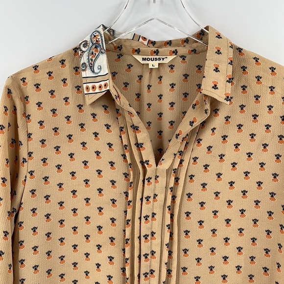 MOUSSY Tunic Blouse paisley Neutral Tan Print Top Large - Picture 2 of 7